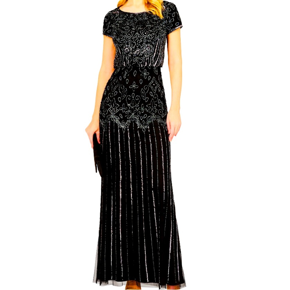 NWT Adrianna Papell Women's gorgeous Beaded Short-Sleeve Sheer-Overlay Gown. Sz8